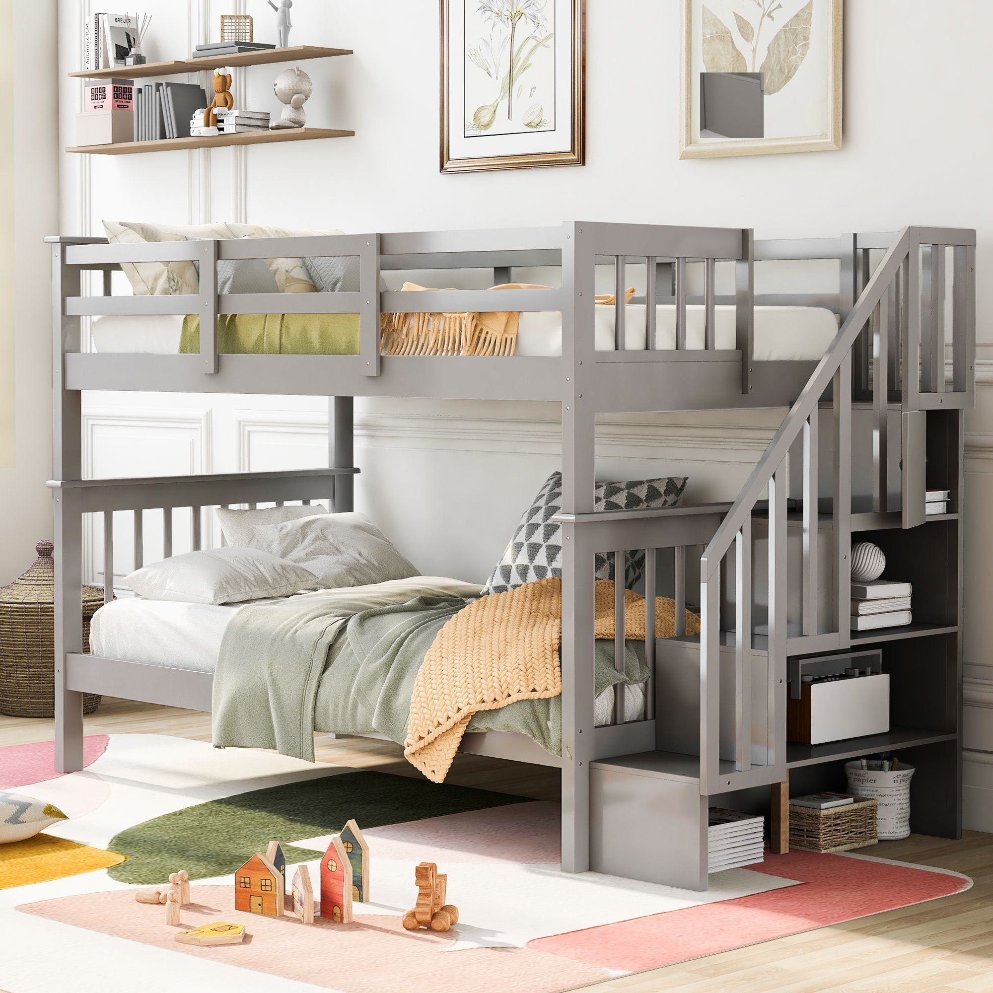 Twin over twin wood bunk bed with staircase storage drawers, a shared kids bedroom idea that saves floor space