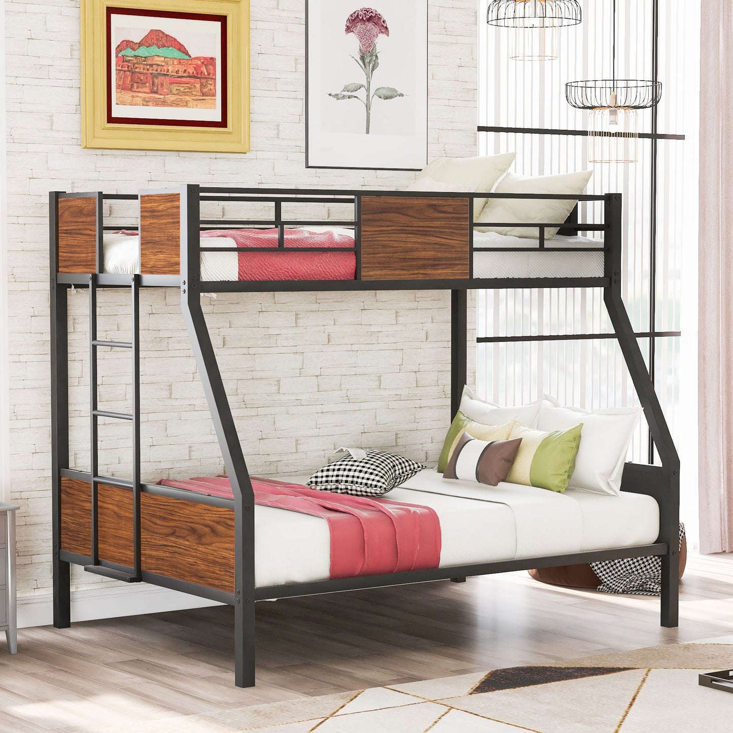 Twin-over-full bunk bed modern style steel frame bunk bed with safety rail, built-in ladder for bedroom, dorm, boys, girls, adults | Just Better Bunk Beds