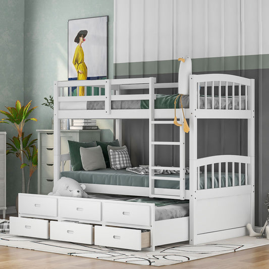 Twin over Twin Wood Bunk Bed with Trundle and Drawers,White | Just Better Bunk Beds