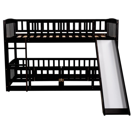 Bunk Bed with Slide; Twin Over Twin Low Bunk Bed with Fence and Ladder for Toddler Kids Teens | Just Better Bunk Beds