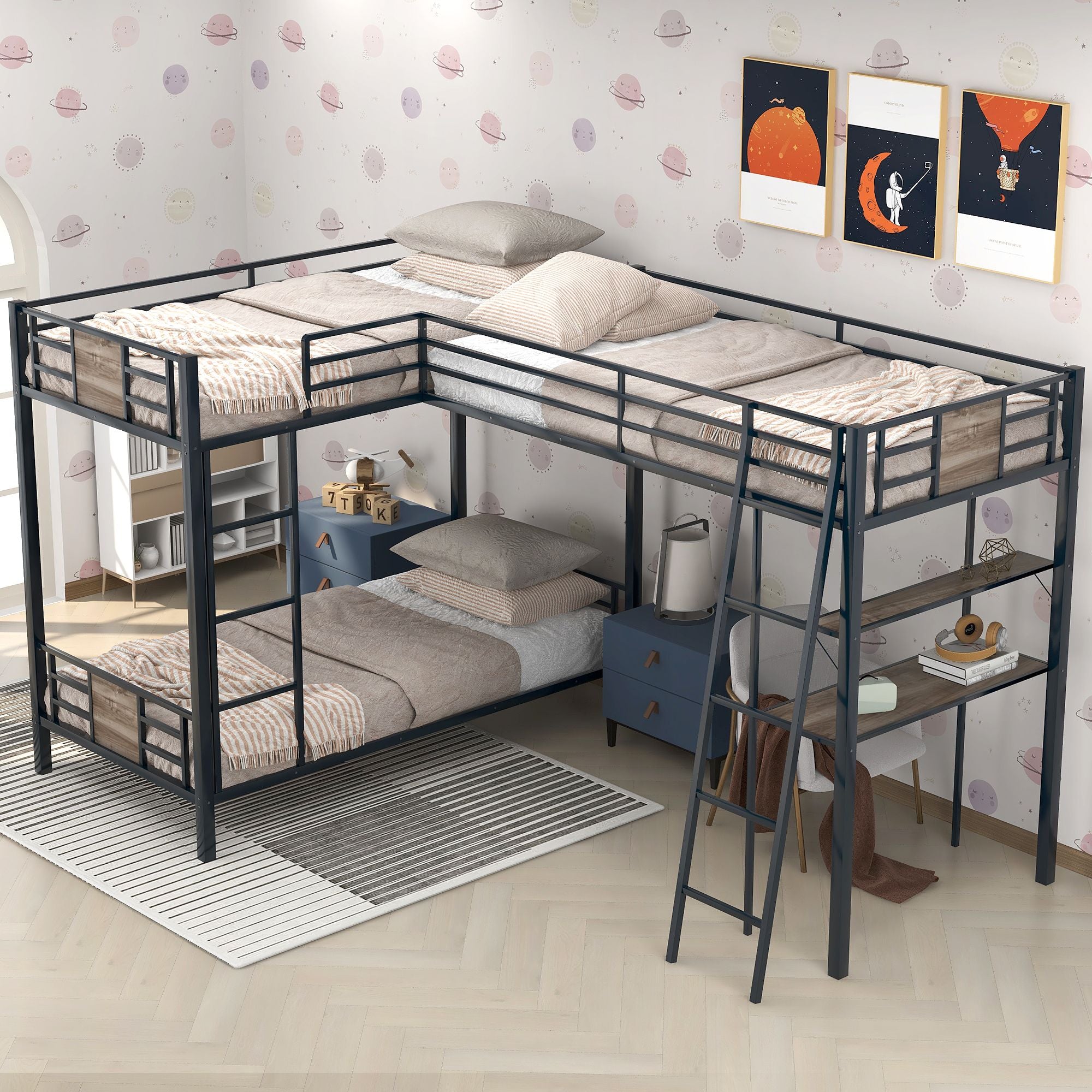 L-Shaped Twin over Twin Bunk Bed with Twin Size Loft Bed with Desk and Shelf | Just Better Bunk Beds