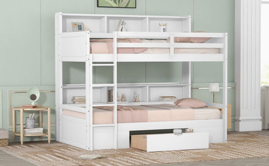 Twin Size Bunk Bed with Built-in Shelves Beside both Upper and Down Bed and Storage Drawe | Just Better Bunk Beds