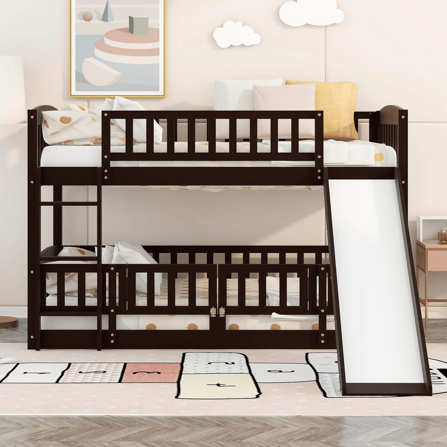Bunk Bed with Slide; Twin Over Twin Low Bunk Bed with Fence and Ladder for Toddler Kids Teens | Just Better Bunk Beds