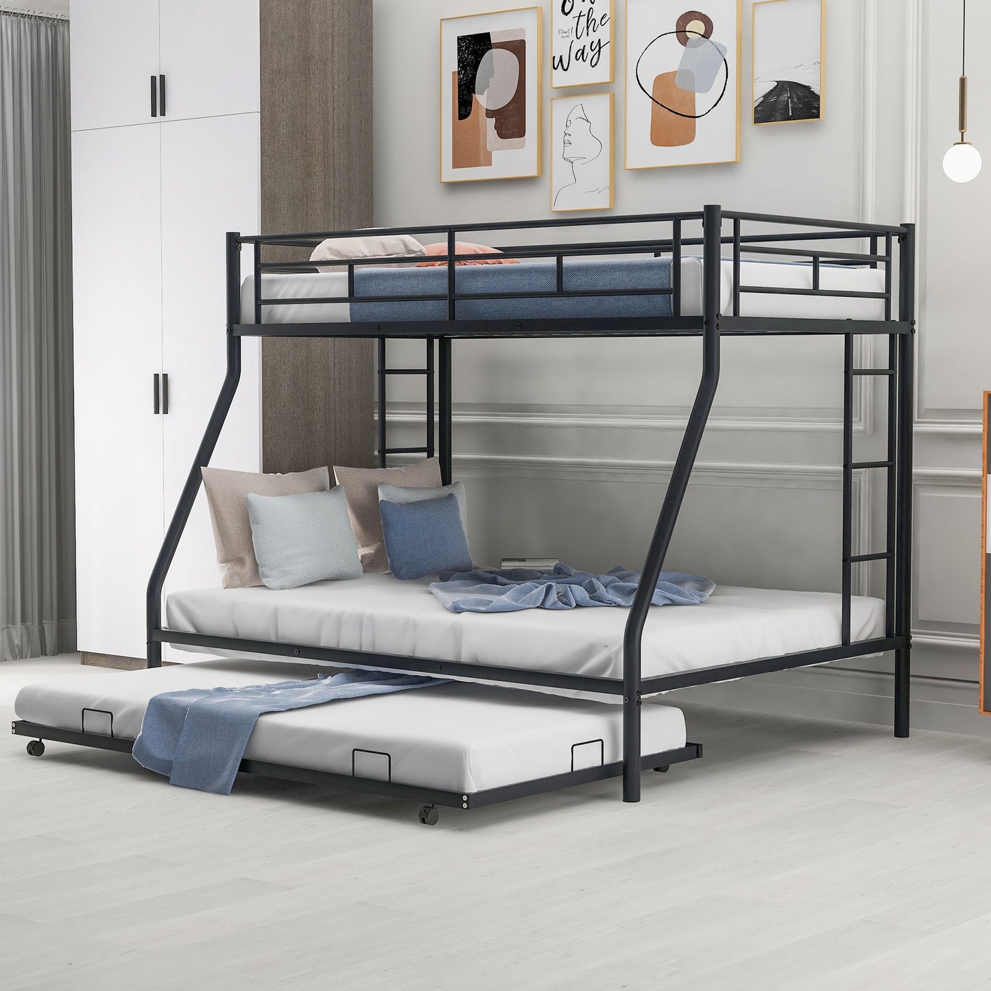 Twin over Full Bed with Sturdy Steel Frame, Bunk Bed with Twin Size Trundle, Two-Side Ladders | Just Better Bunk Beds