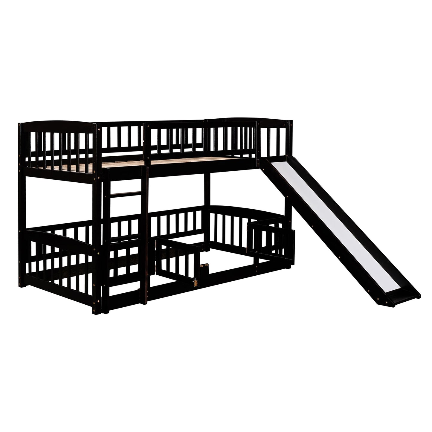 Bunk Bed with Slide; Twin Over Twin Low Bunk Bed with Fence and Ladder for Toddler Kids Teens | Just Better Bunk Beds