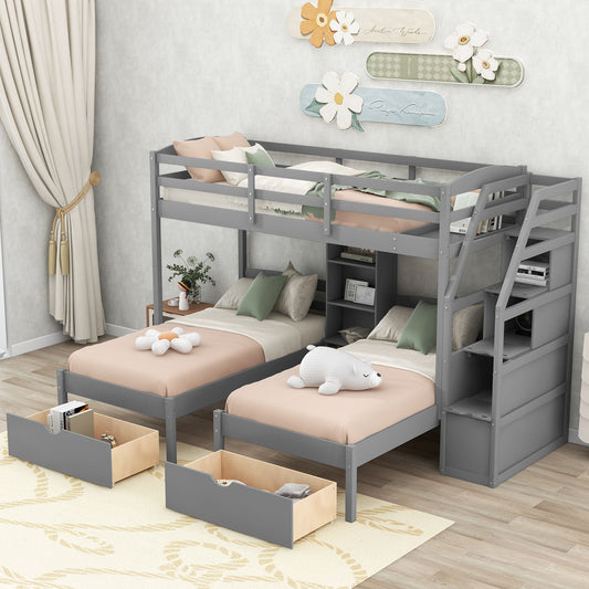 Twin over Twin&Twin Bunk Bed;  Triple Bunk Bed with Drawers;  Staircase with Storage;  Built-in Shelves | Just Better Bunk Beds