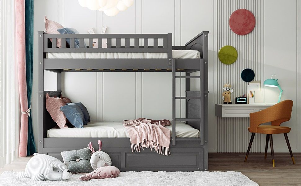 Full Over Full Pine Wood Bunk Bed with Twin Trundle, Guardrails, Brushed Gray | Just Better Bunk Beds - View 17