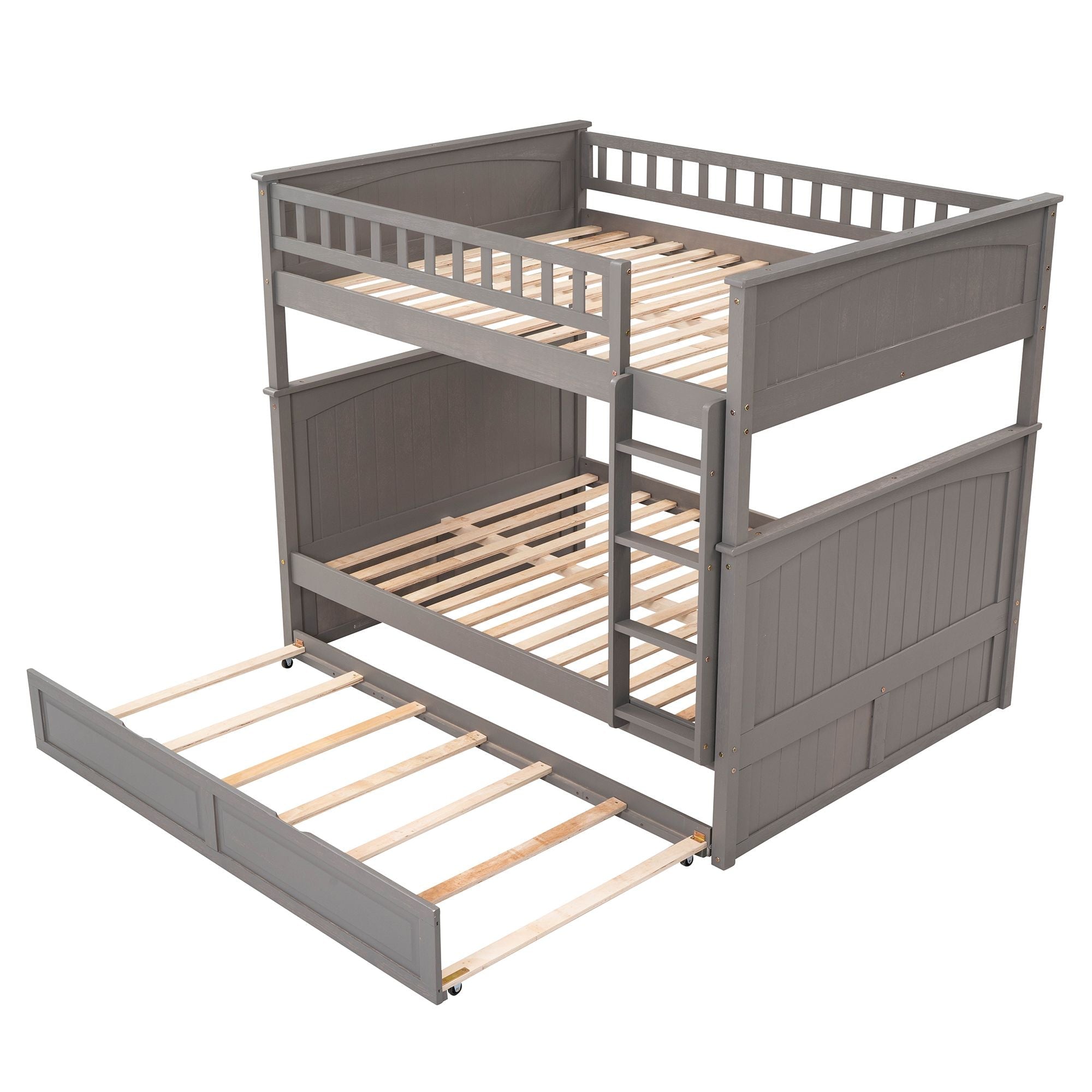 Full Over Full Pine Wood Bunk Bed with Twin Trundle, Guardrails, Brushed Gray | Just Better Bunk Beds - View 5