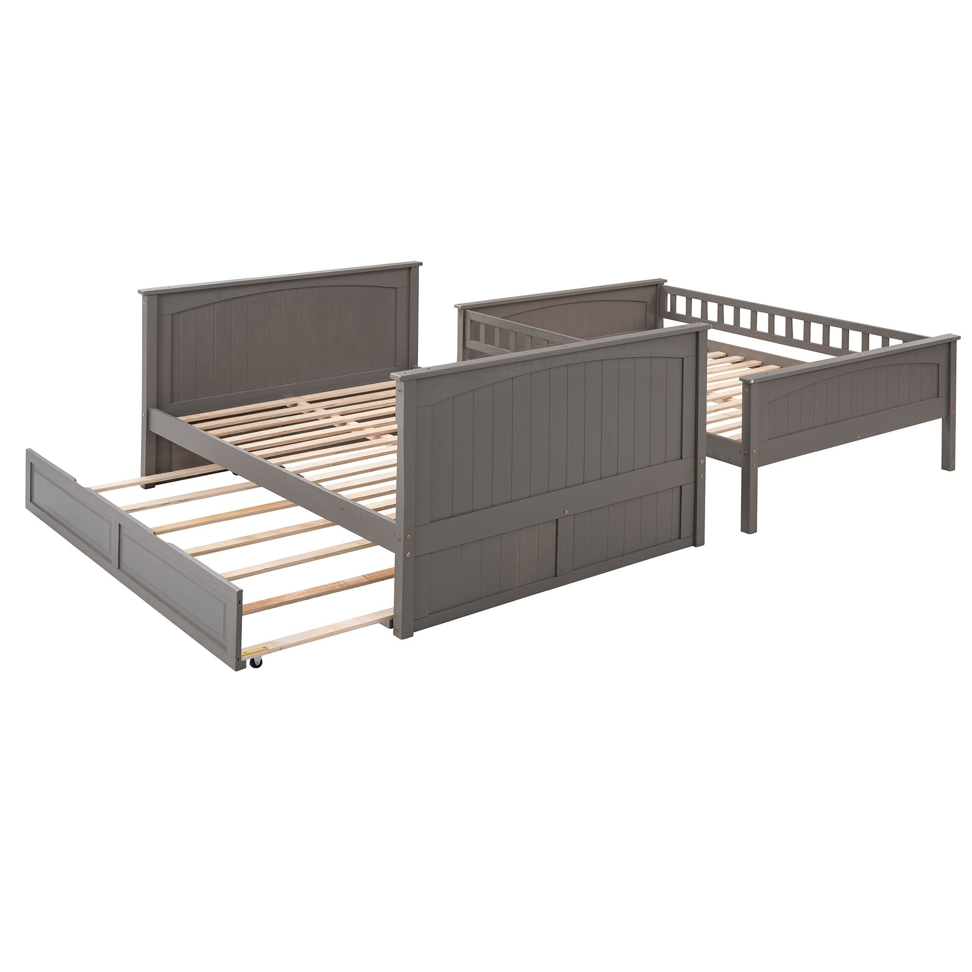 Full Over Full Pine Wood Bunk Bed with Twin Trundle, Guardrails, Brushed Gray | Just Better Bunk Beds - View 10