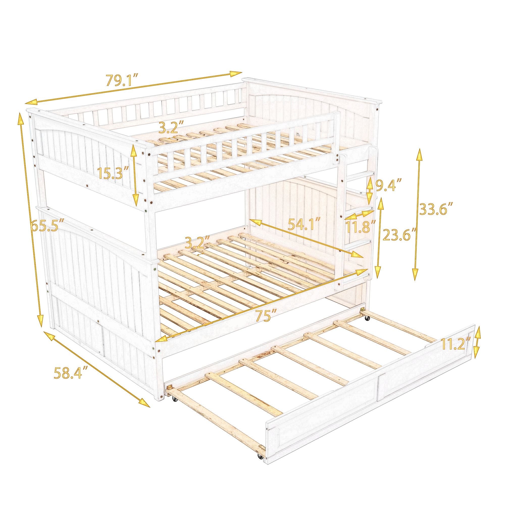 Full Over Full Pine Wood Bunk Bed with Twin Trundle, Guardrails, Brushed Gray | Just Better Bunk Beds - View 11