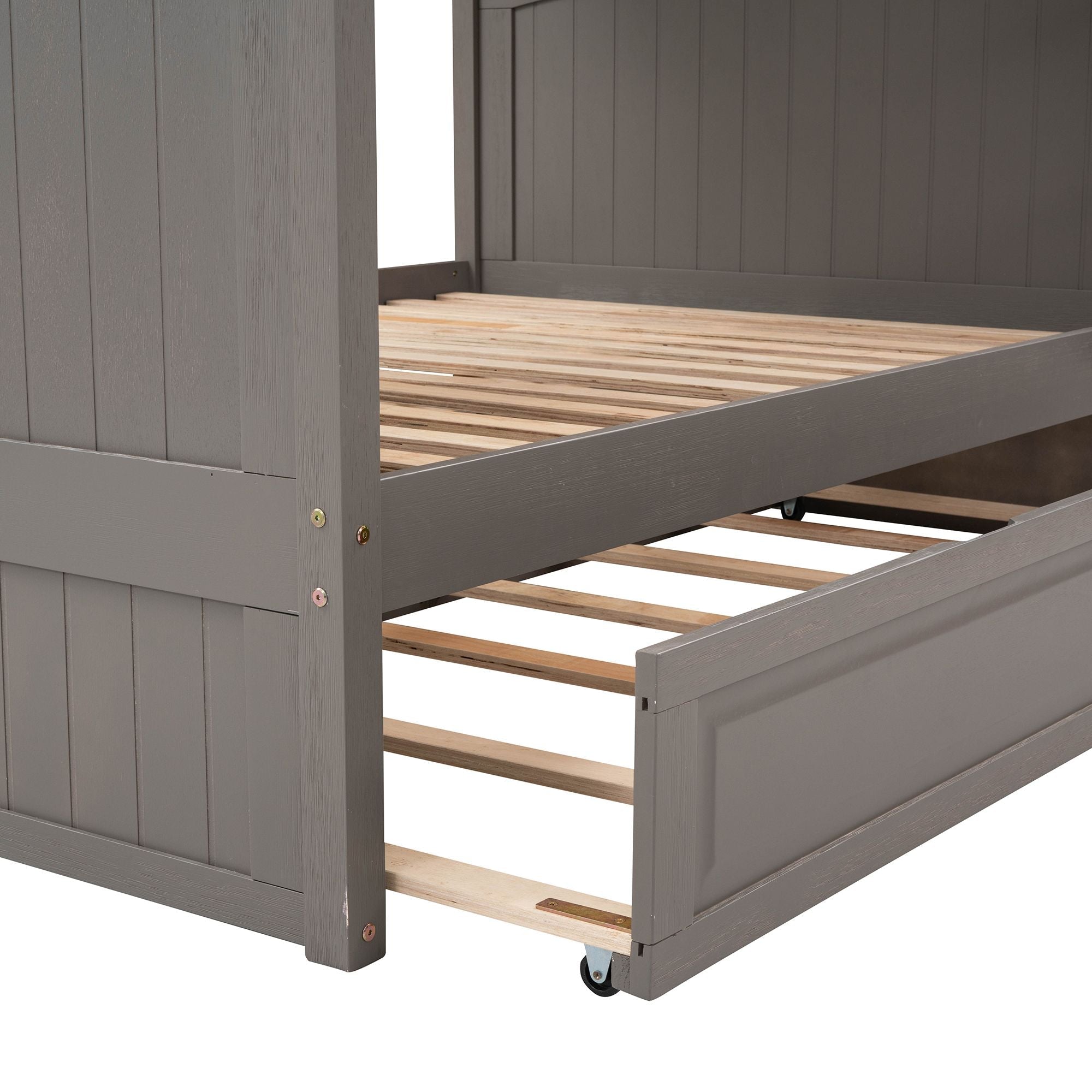 Full Over Full Pine Wood Bunk Bed with Twin Trundle, Guardrails, Brushed Gray | Just Better Bunk Beds - View 14