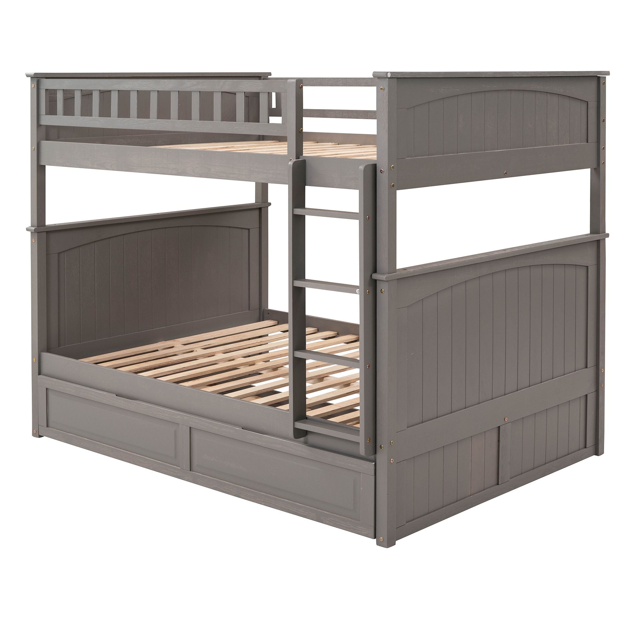 Full Over Full Pine Wood Bunk Bed with Twin Trundle, Guardrails, Brushed Gray | Just Better Bunk Beds - Assembly View