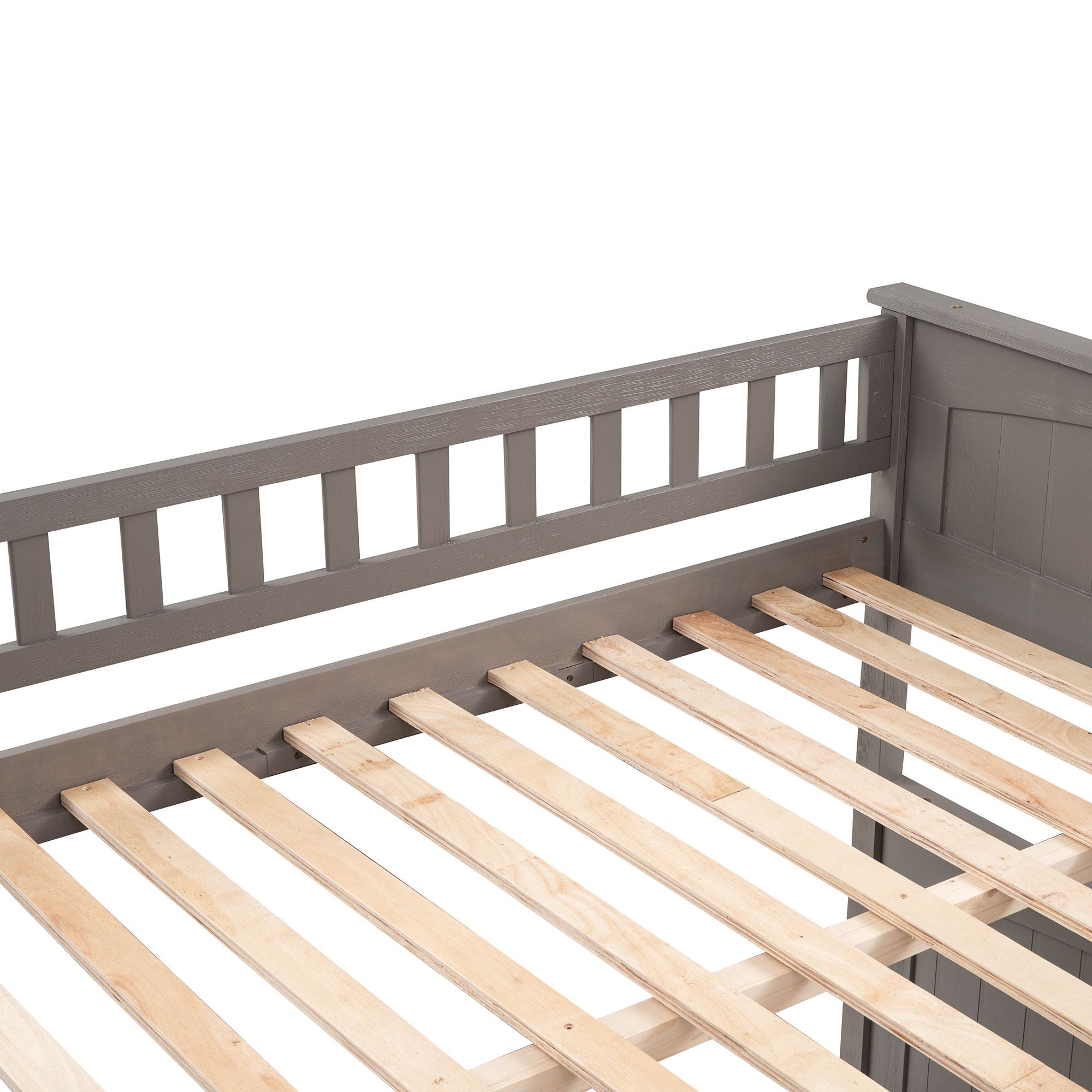 Full Over Full Pine Wood Bunk Bed with Twin Trundle, Guardrails, Brushed Gray | Just Better Bunk Beds - View 16