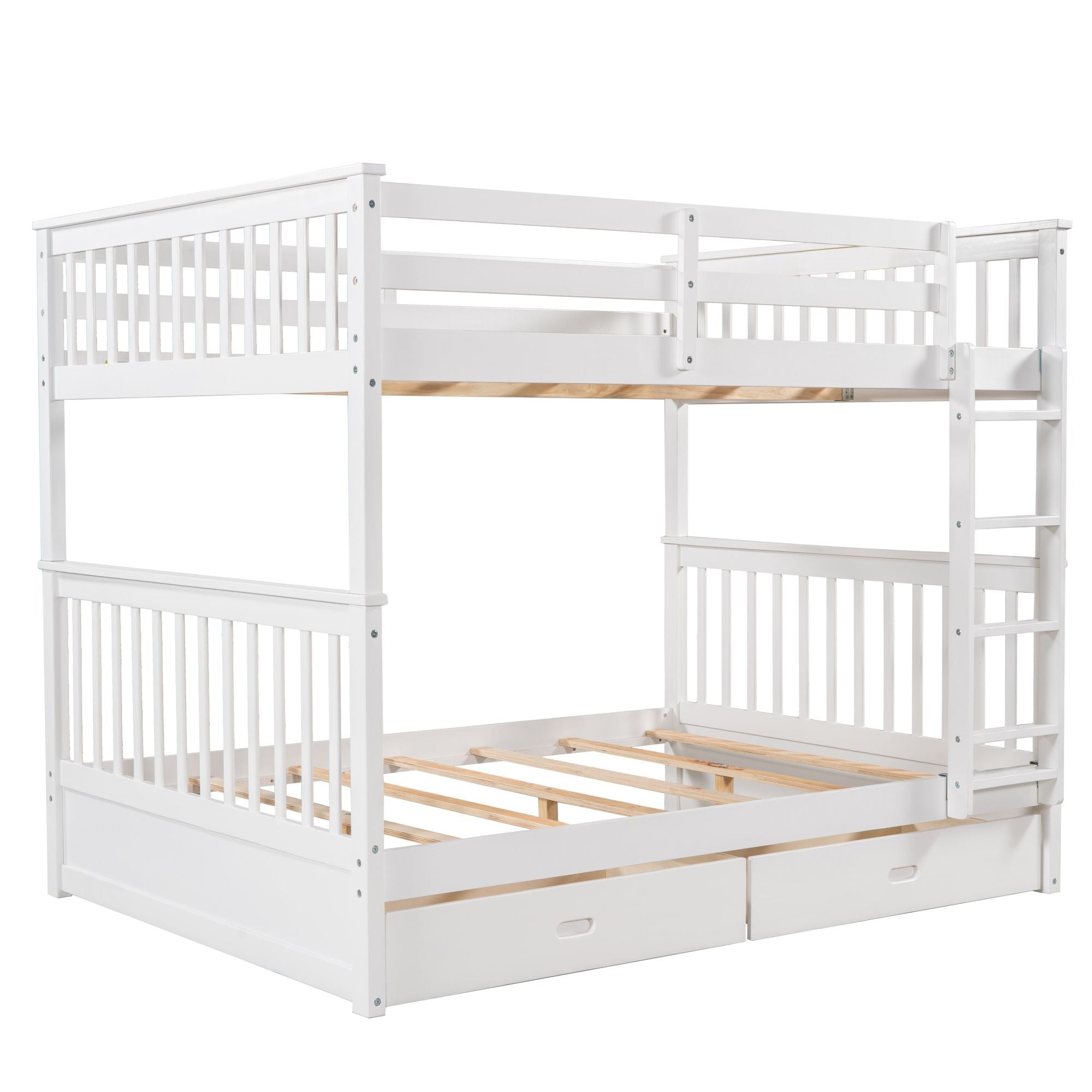 Full Over Full Wood Bunk Bed with Storage Drawers and Ladders in White | Just Better Bunk Beds - Assembly View
