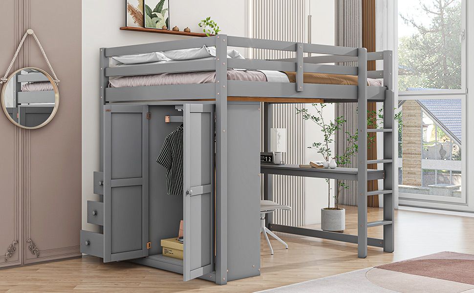 Full Size Wood Loft Bed with Built-in Wardrobe, Desk, and Storage, Gray | Just Better Bunk Beds - Assembly View