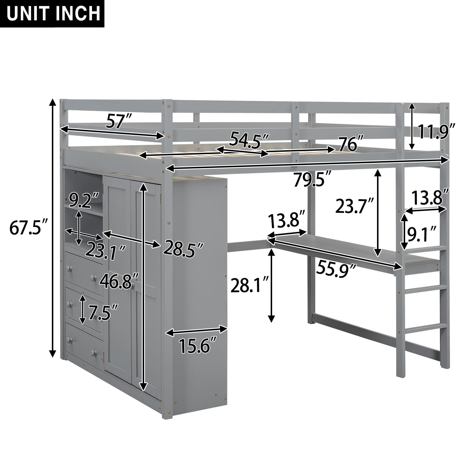 Full Size Wood Loft Bed with Built-in Wardrobe, Desk, and Storage, Gray | Just Better Bunk Beds - View 7