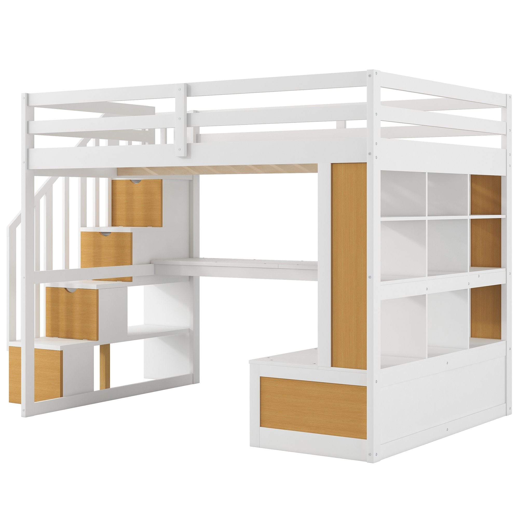 Full-Size Wood Loft Bed with Desk, Shelves, Drawers, Storage Staircase White and Natural | Just Better Bunk Beds - View 16
