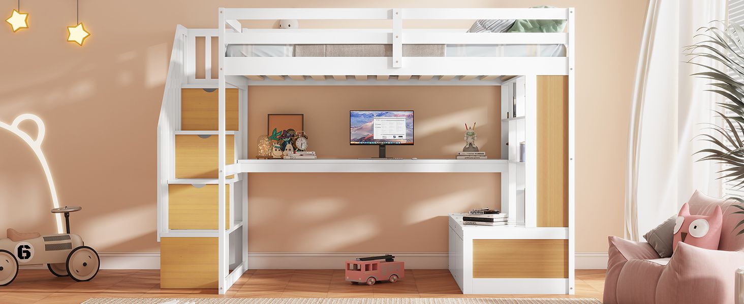 Full-Size Wood Loft Bed with Desk, Shelves, Drawers, Storage Staircase White and Natural | Just Better Bunk Beds - View 10