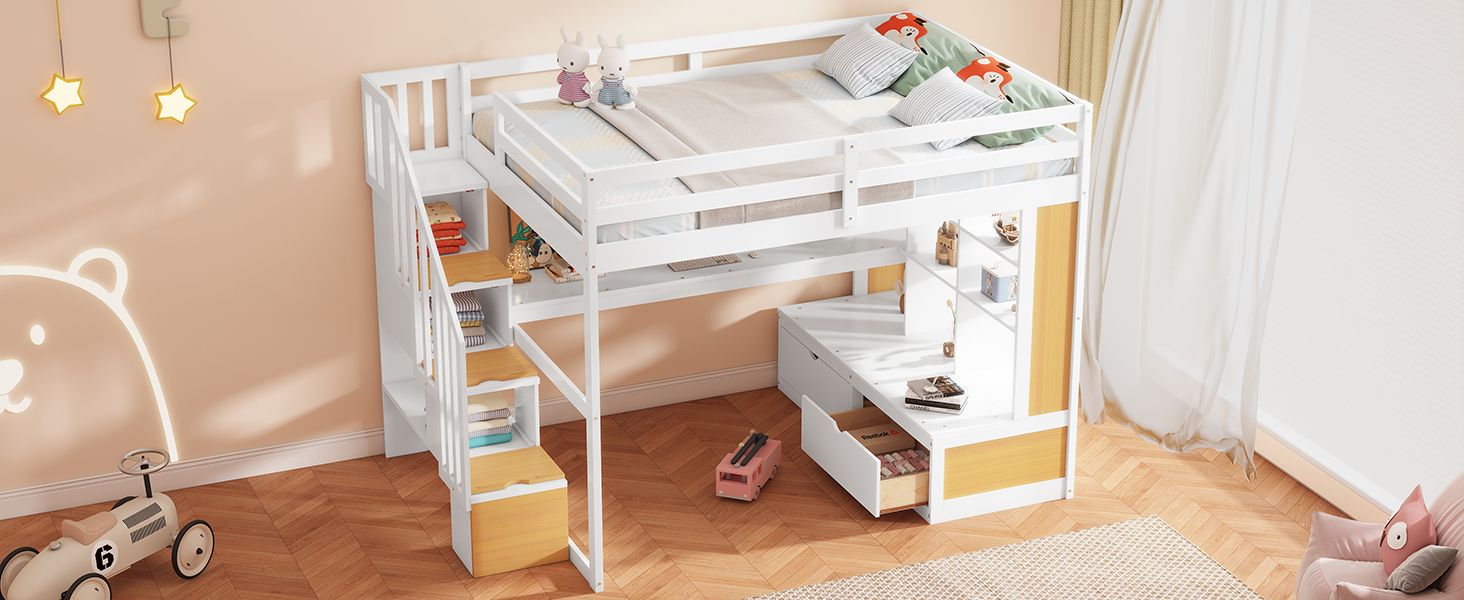 Full-Size Wood Loft Bed with Desk, Shelves, Drawers, Storage Staircase White and Natural | Just Better Bunk Beds - View 8