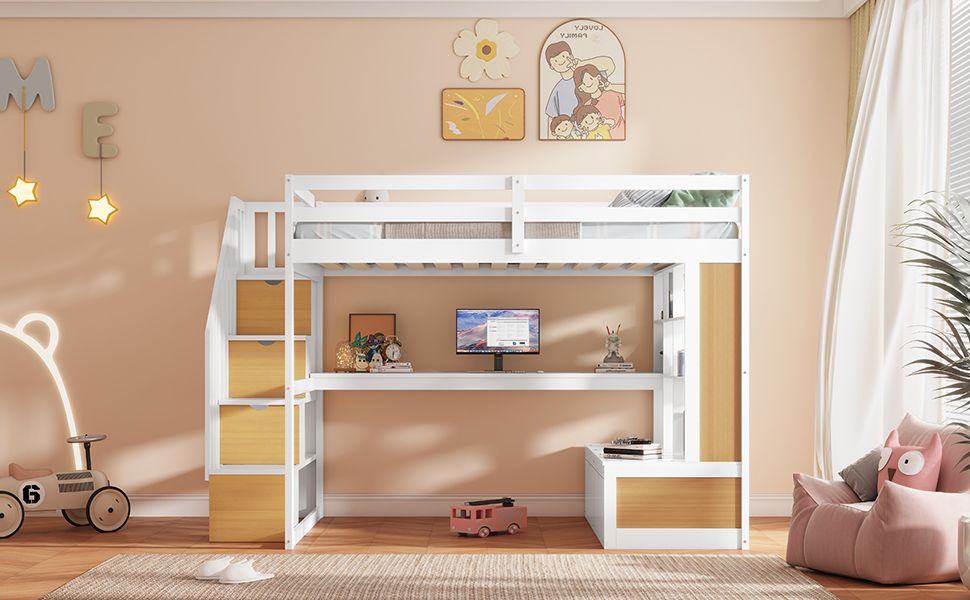 Full-Size Wood Loft Bed with Desk, Shelves, Drawers, Storage Staircase White and Natural | Just Better Bunk Beds - View 5