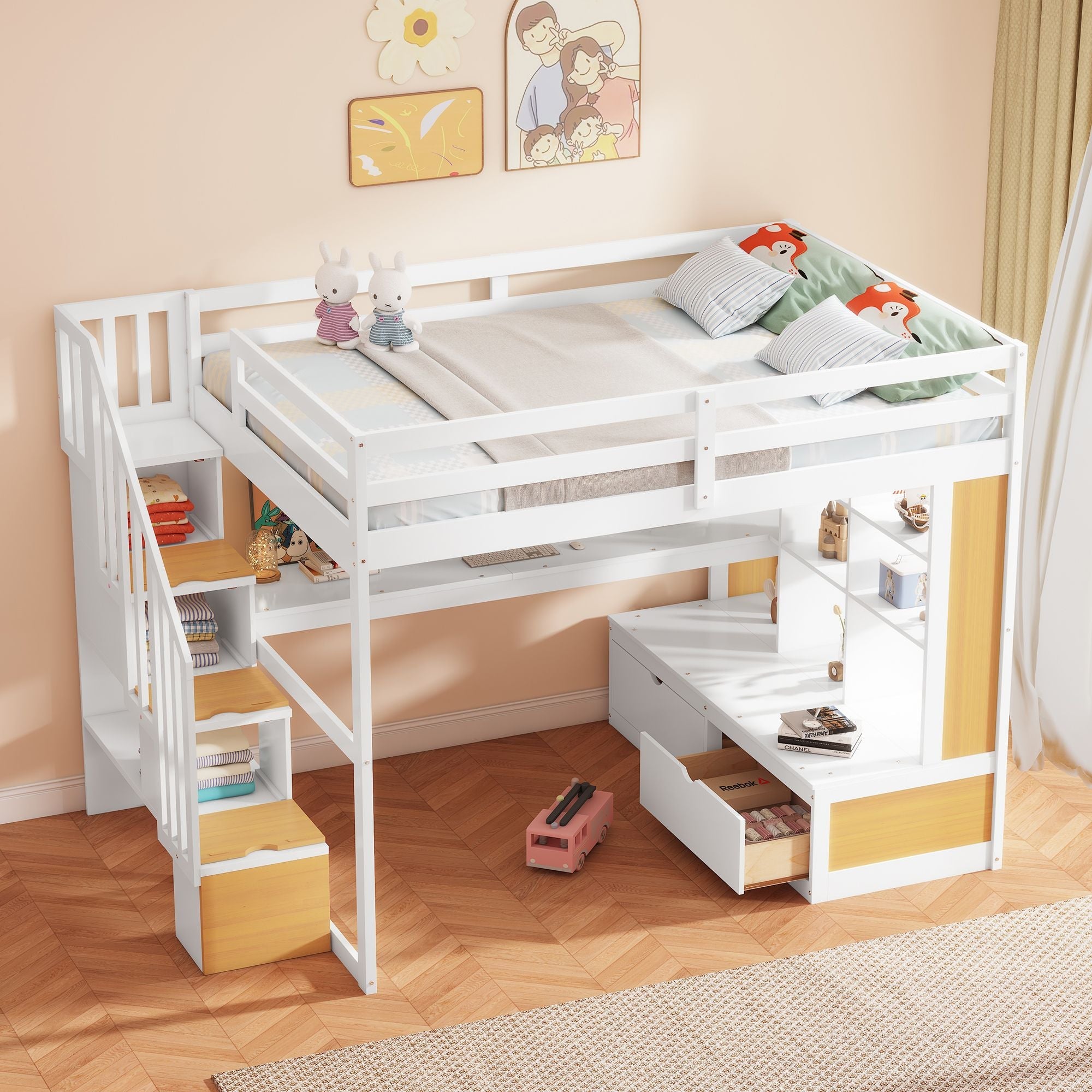 Full-Size Wood Loft Bed with Desk, Shelves, Drawers, Storage Staircase White and Natural | Just Better Bunk Beds - Detail View