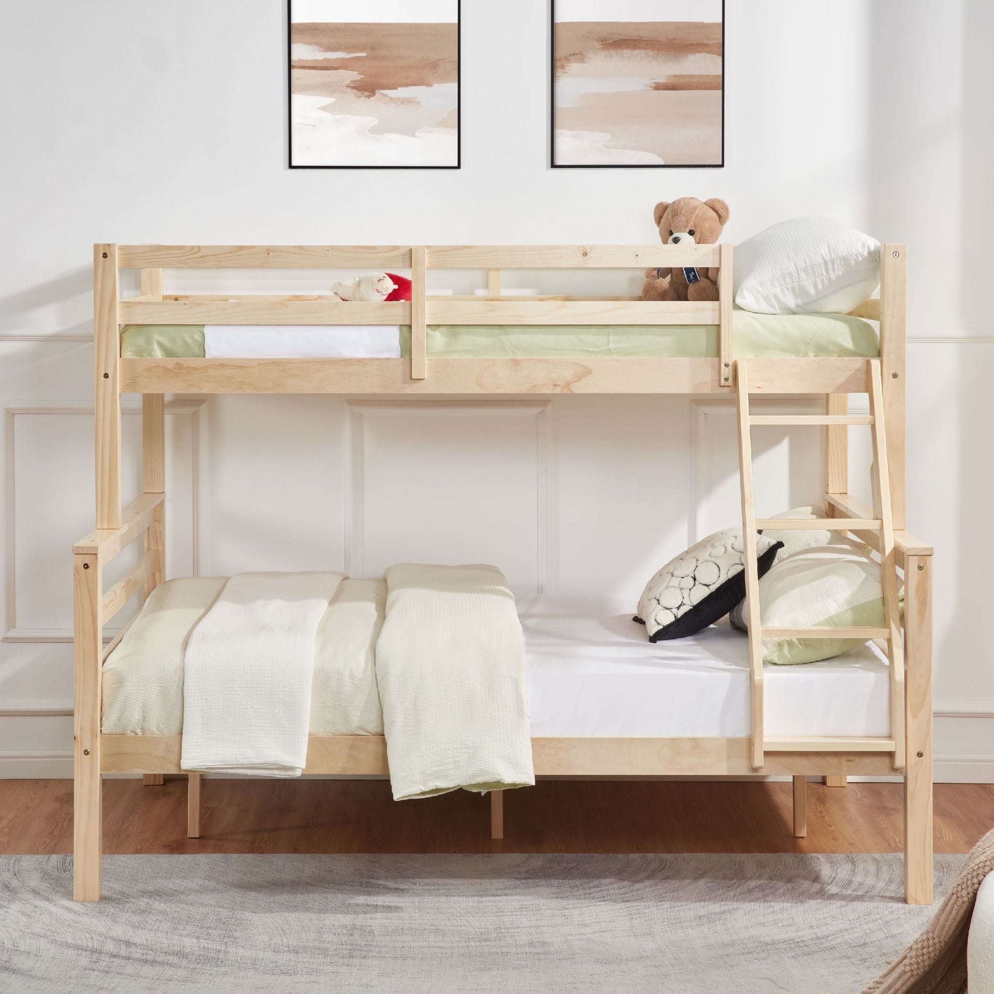 Kids Shared Room Twin Over Full Solid Wood Bunk Bed with High Guardrail Ladder Natural Finish | Just Better Bunk Beds - Side View
