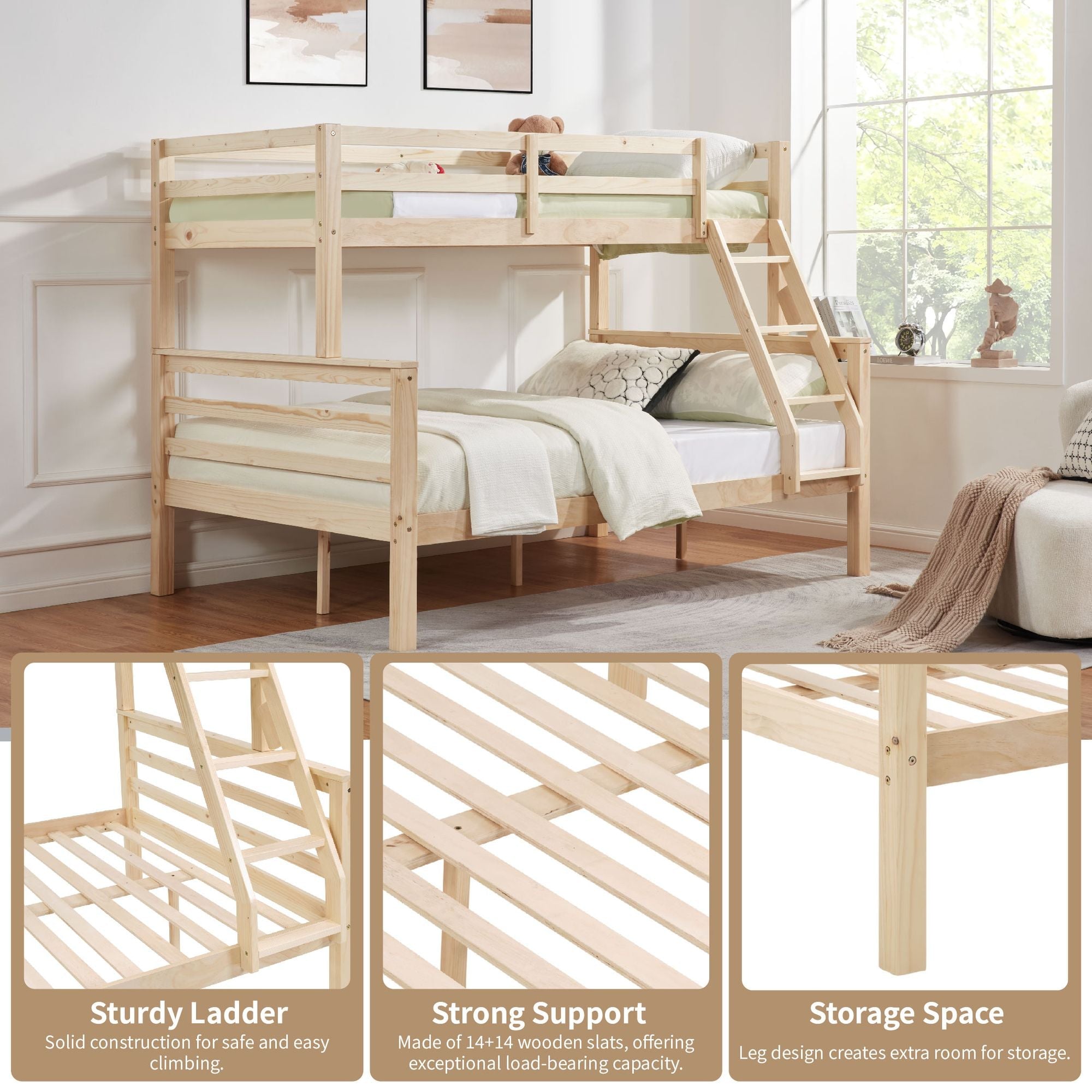 Kids Shared Room Twin Over Full Solid Wood Bunk Bed with High Guardrail Ladder Natural Finish | Just Better Bunk Beds - Assembly View