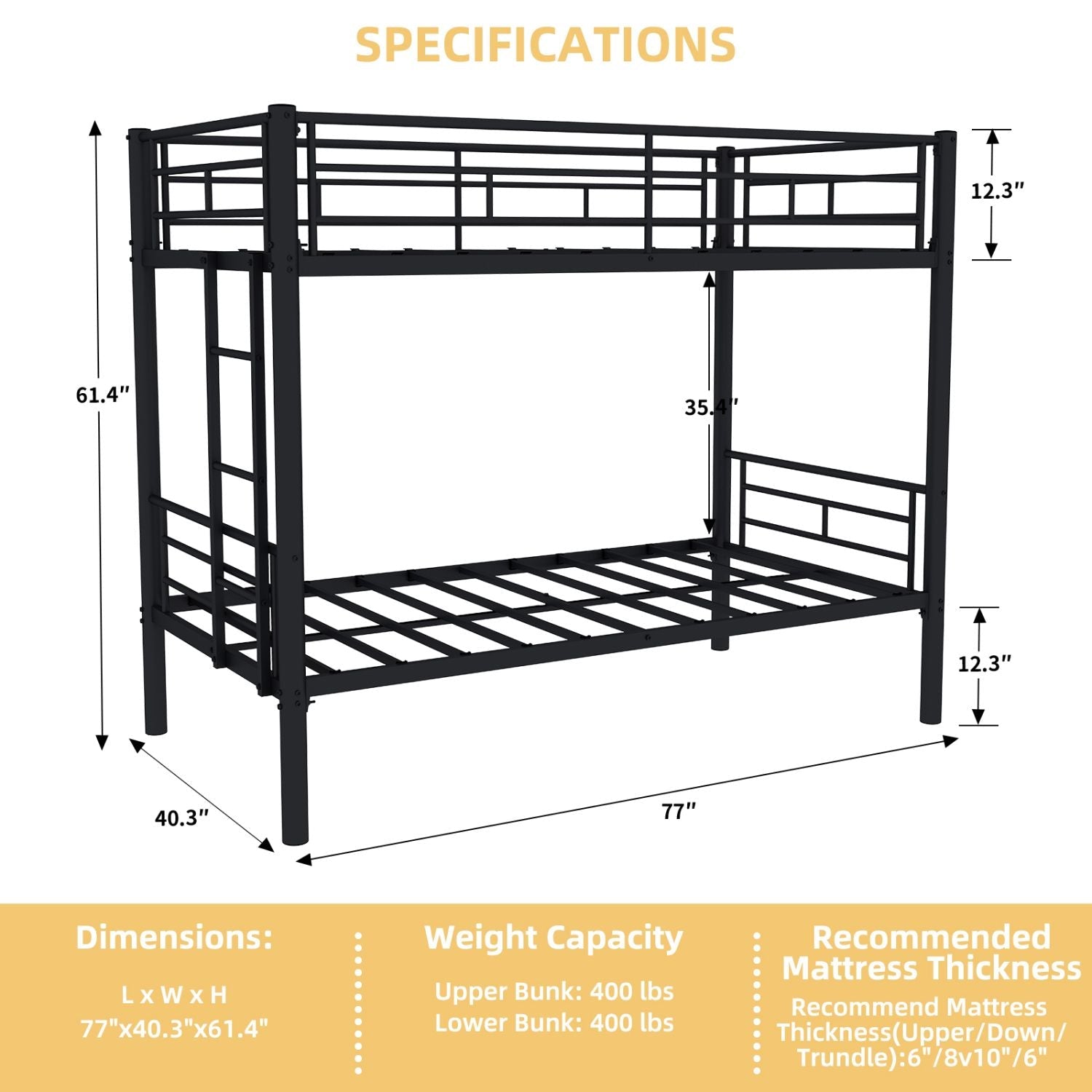 Kids Shared Room Twin Over Twin Metal Bunk Bed with Ladder, Guardrail, Convertible Design in Black | Just Better Bunk Beds - View 9