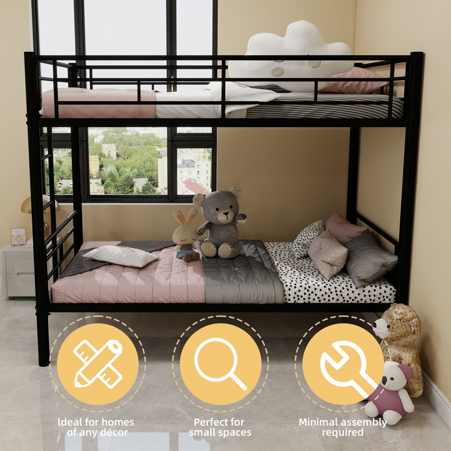 Kids Shared Room Twin Over Twin Metal Bunk Bed with Ladder, Guardrail, Convertible Design in Black | Just Better Bunk Beds - View 8