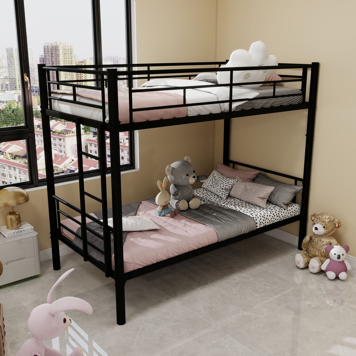 Kids Shared Room Twin Over Twin Metal Bunk Bed with Ladder, Guardrail, Convertible Design in Black | Just Better Bunk Beds - View 12