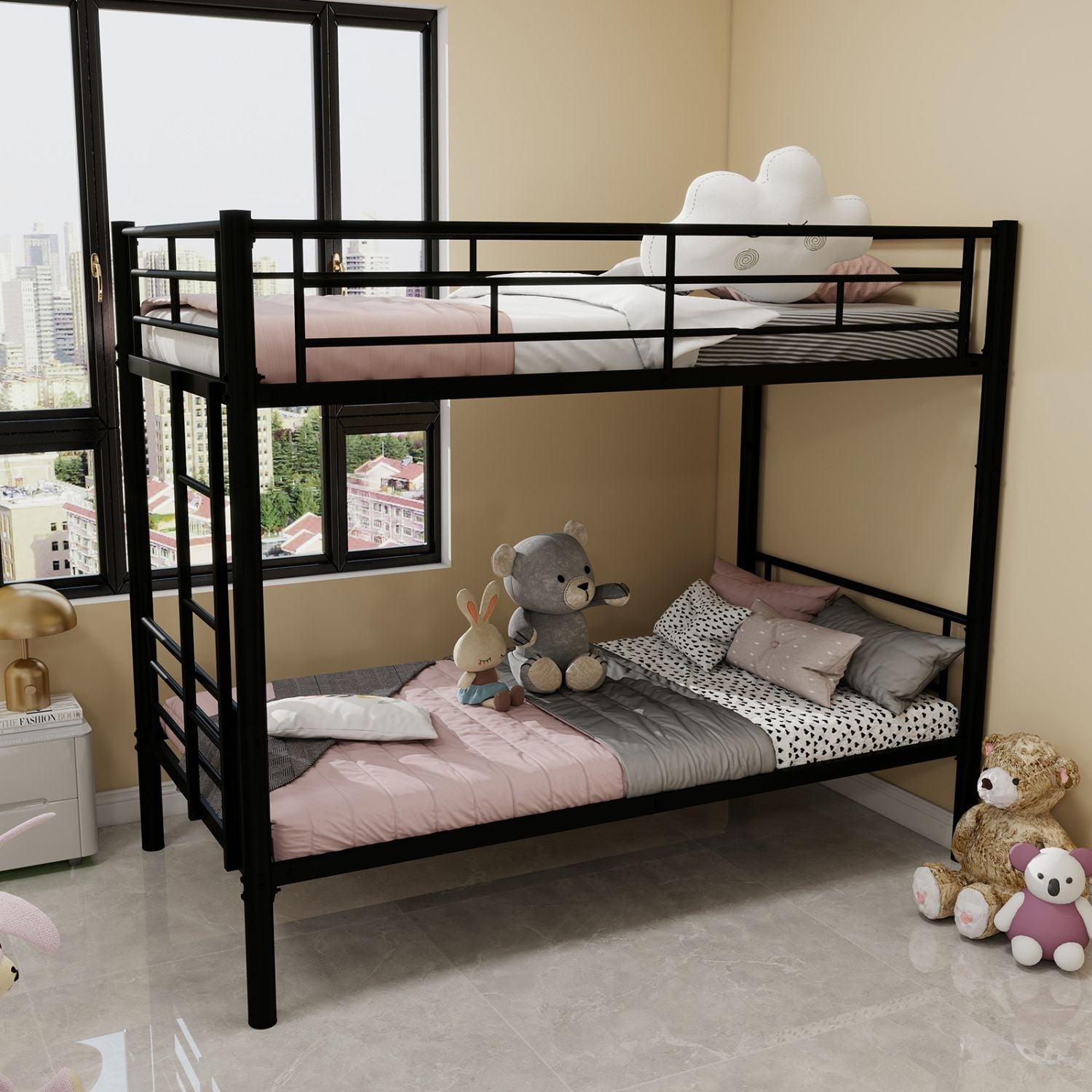 Kids Shared Room Twin Over Twin Metal Bunk Bed with Ladder, Guardrail, Convertible Design in Black | Just Better Bunk Beds - Front View