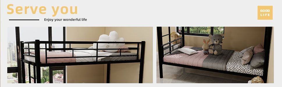 Kids Shared Room Twin Over Twin Metal Bunk Bed with Ladder, Guardrail, Convertible Design in Black | Just Better Bunk Beds - Side View