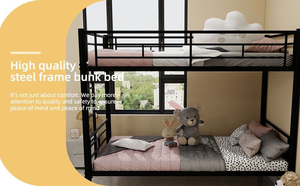 Kids Shared Room Twin Over Twin Metal Bunk Bed with Ladder, Guardrail, Convertible Design in Black | Just Better Bunk Beds - View 7