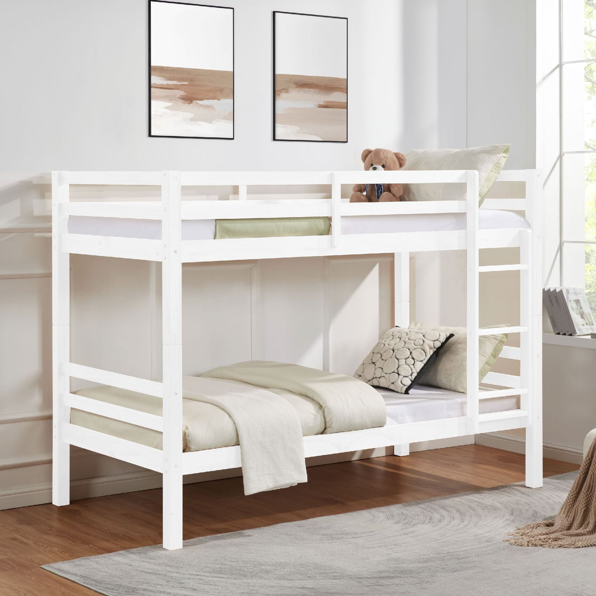 White twin over twin wood bunk bed with high guardrails and a ladder, built for bunk bed safety