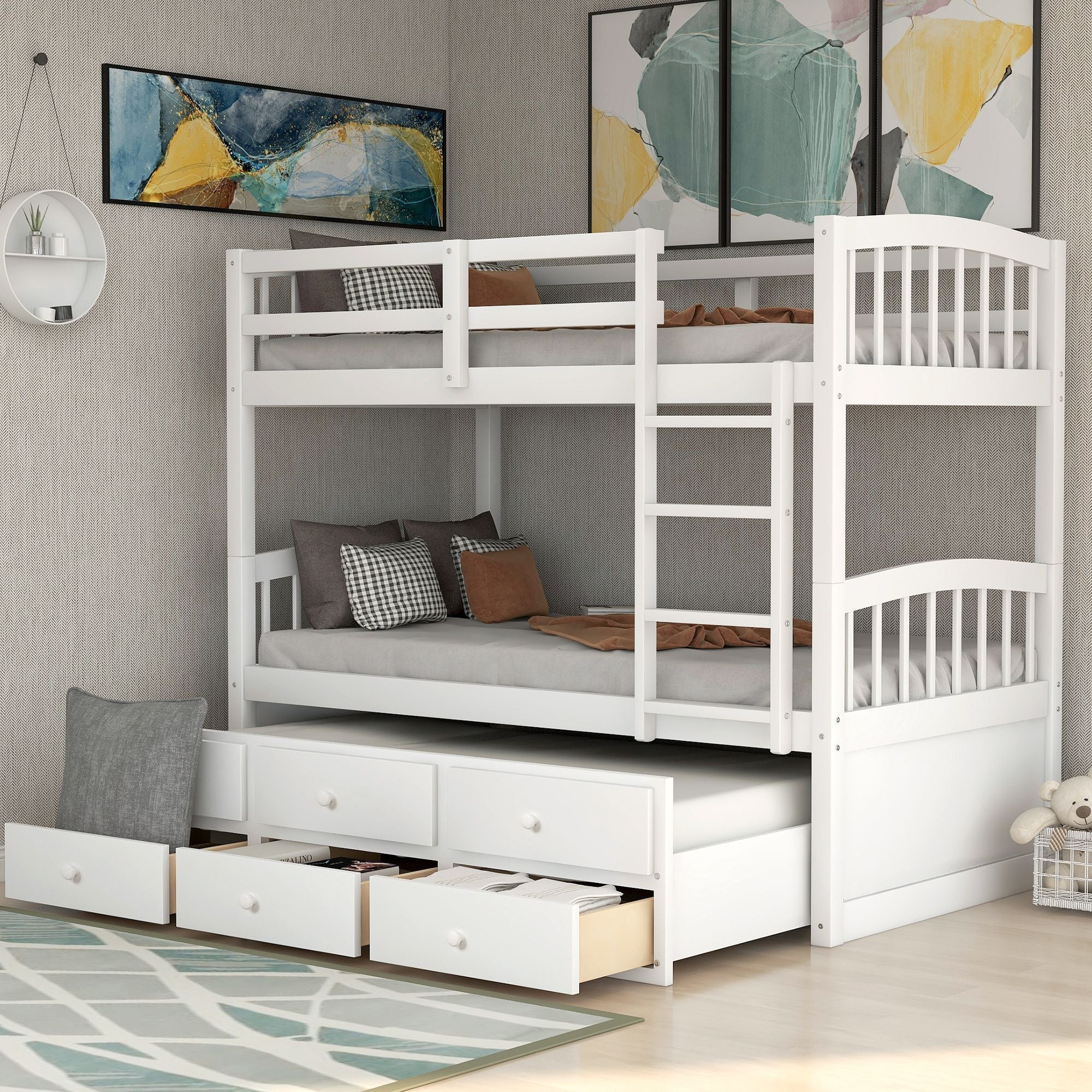 White twin over twin wood bunk bed with trundle and three drawers, bunk beds for guest rooms