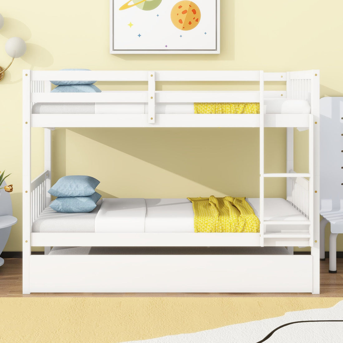 Convertible Twin Over Twin Wood Bunk Bed with Trundle, Ladder, and Safety Guardrails in White | Just Better Bunk Beds - View 13