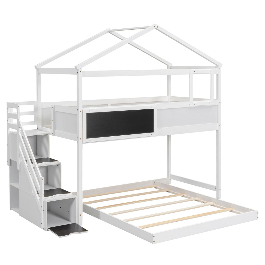 Creative Twin over Full Wood Bunk Bed with Storage Staircase and Blackboard, Gray and White | Just Better Bunk Beds - View 10