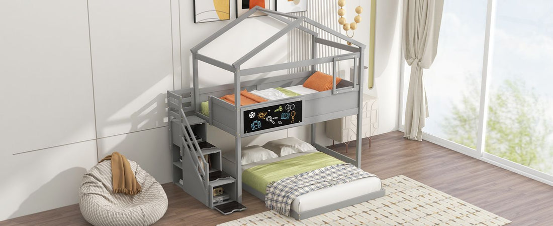 Creative Twin over Full Wood Bunk Bed with Storage Staircase and Blackboard, Gray and White | Just Better Bunk Beds - View 37