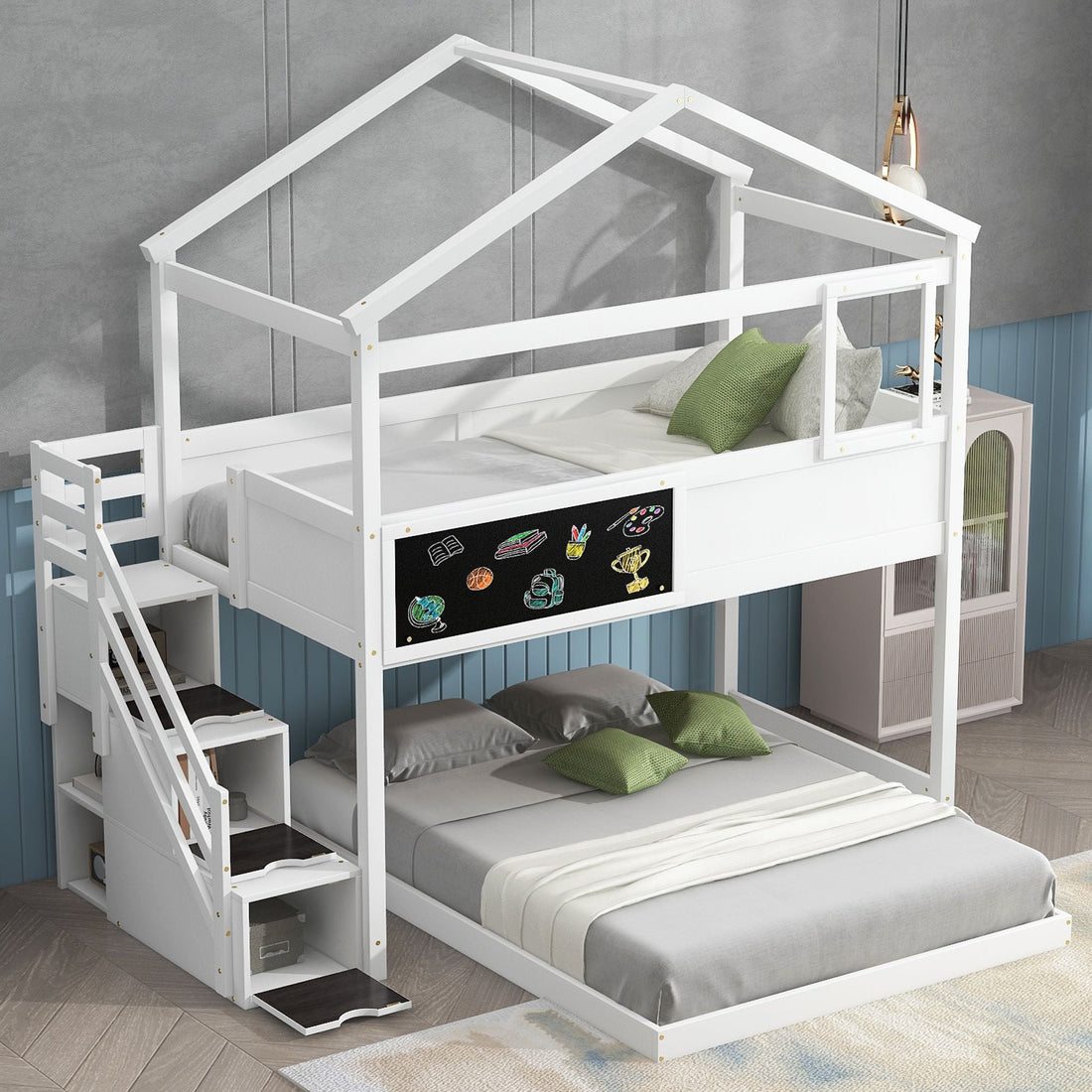 Creative Twin over Full Wood Bunk Bed with Storage Staircase and Blackboard, Gray and White | Just Better Bunk Beds - View 11