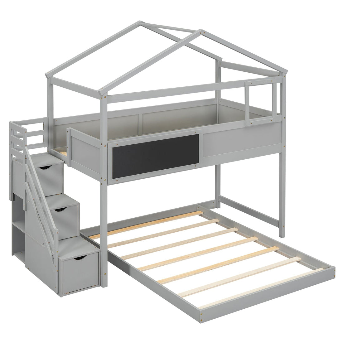 Creative Twin over Full Wood Bunk Bed with Storage Staircase and Blackboard, Gray and White | Just Better Bunk Beds - View 31