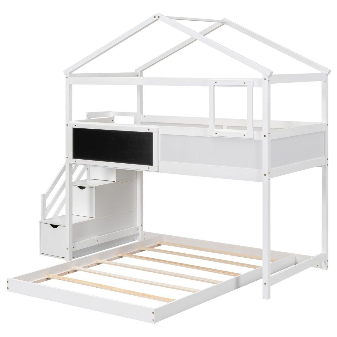 Creative Twin over Full Wood Bunk Bed with Storage Staircase and Blackboard, Gray and White | Just Better Bunk Beds - View 16