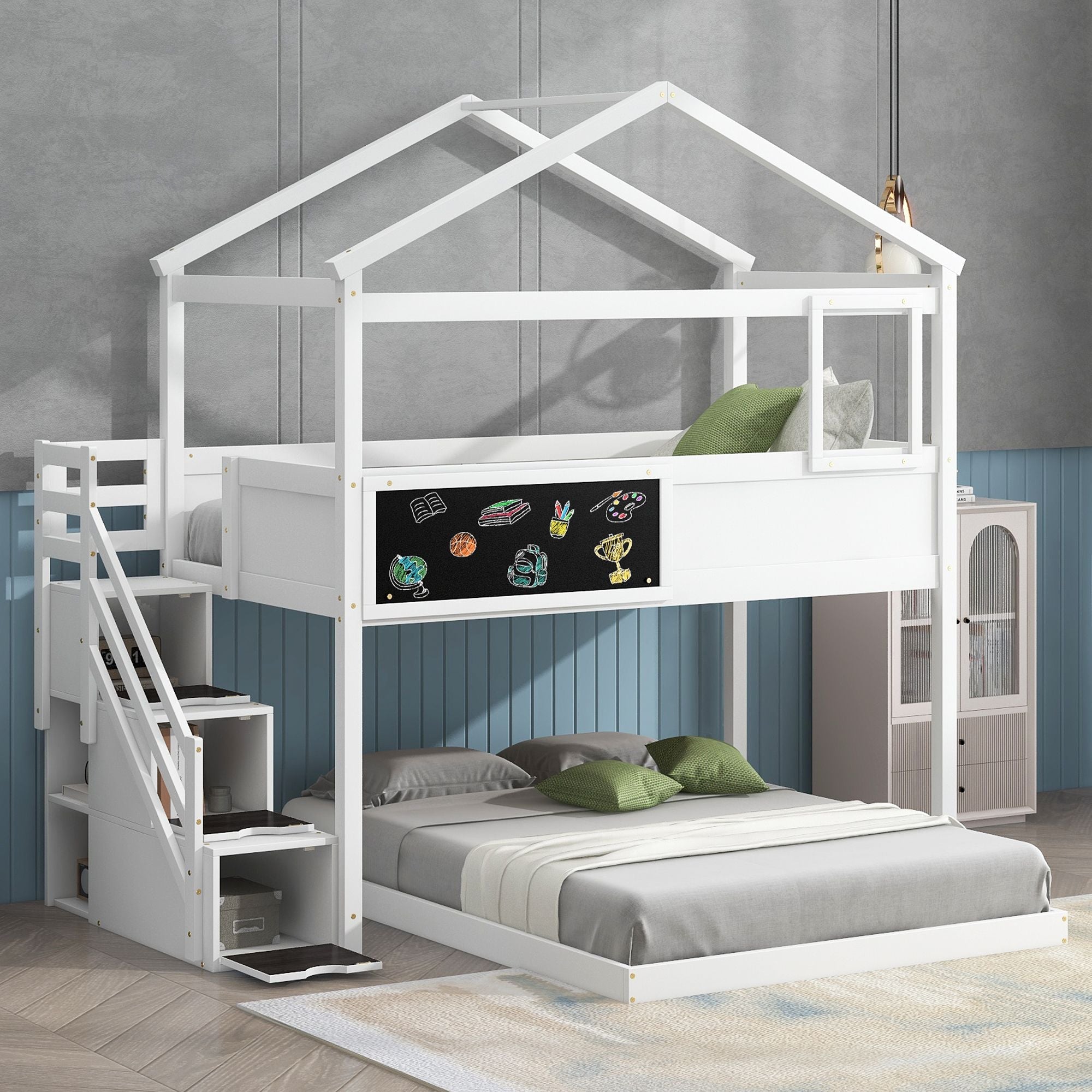 Creative Twin over Full Wood Bunk Bed with Storage Staircase and Blackboard, Gray and White | Just Better Bunk Beds - Front View