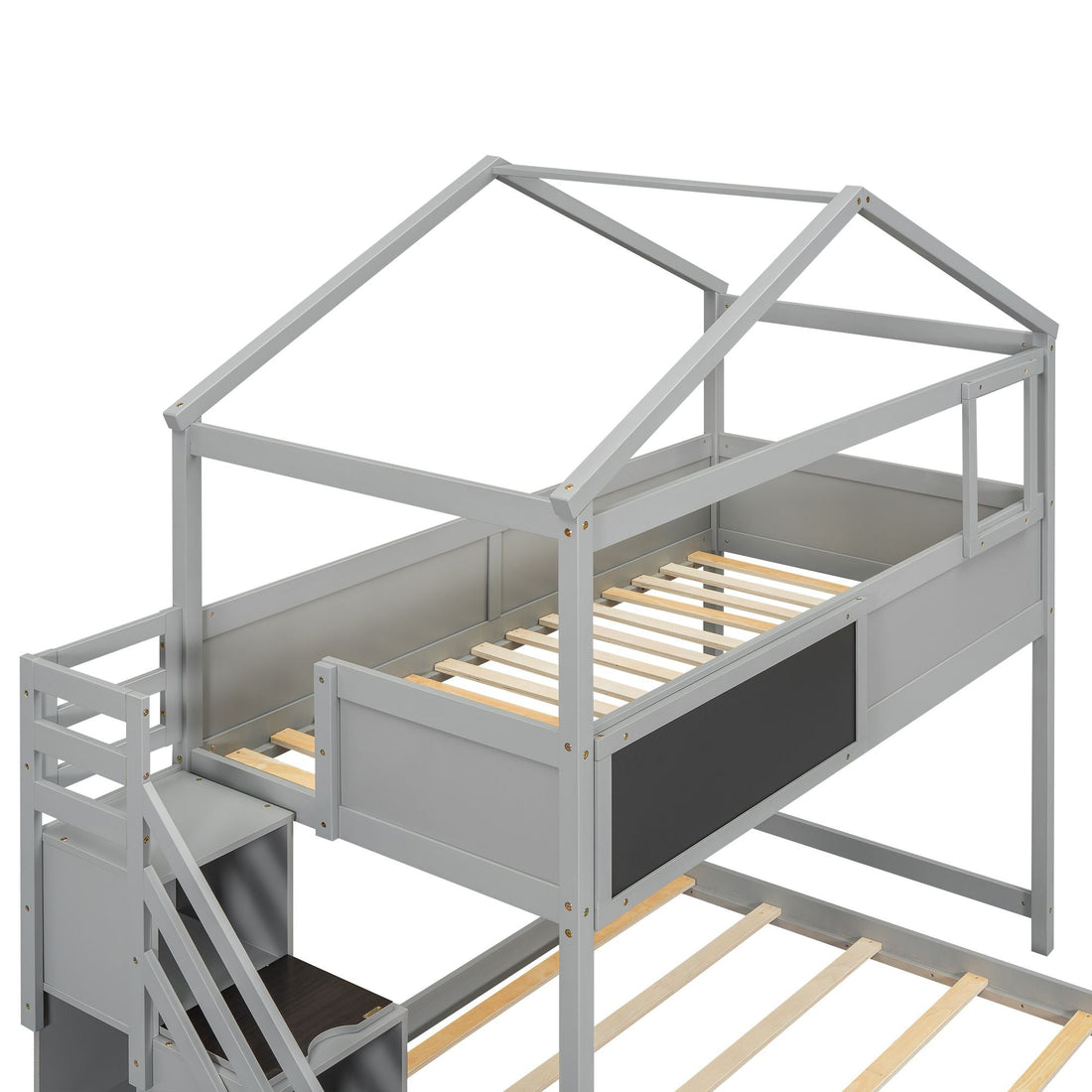 Creative Twin over Full Wood Bunk Bed with Storage Staircase and Blackboard, Gray and White | Just Better Bunk Beds - View 26