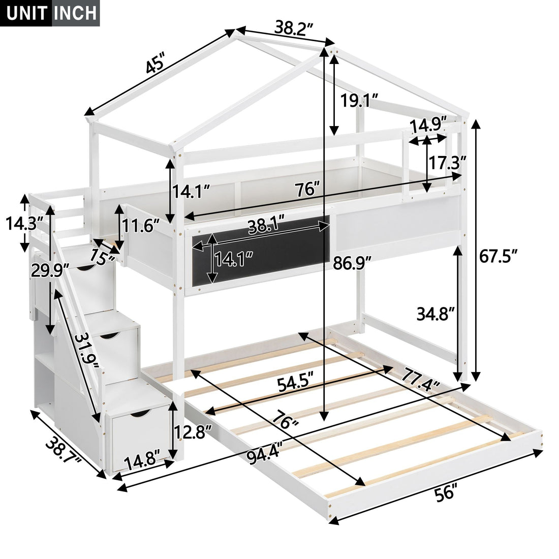 Creative Twin over Full Wood Bunk Bed with Storage Staircase and Blackboard, Gray and White | Just Better Bunk Beds - View 19
