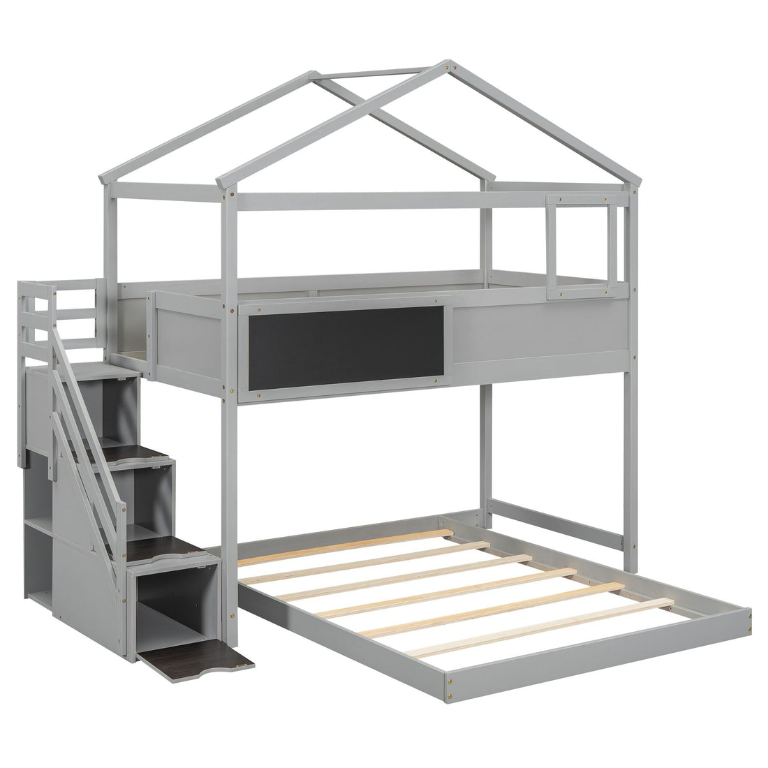 Creative Twin over Full Wood Bunk Bed with Storage Staircase and Blackboard, Gray and White | Just Better Bunk Beds - View 39