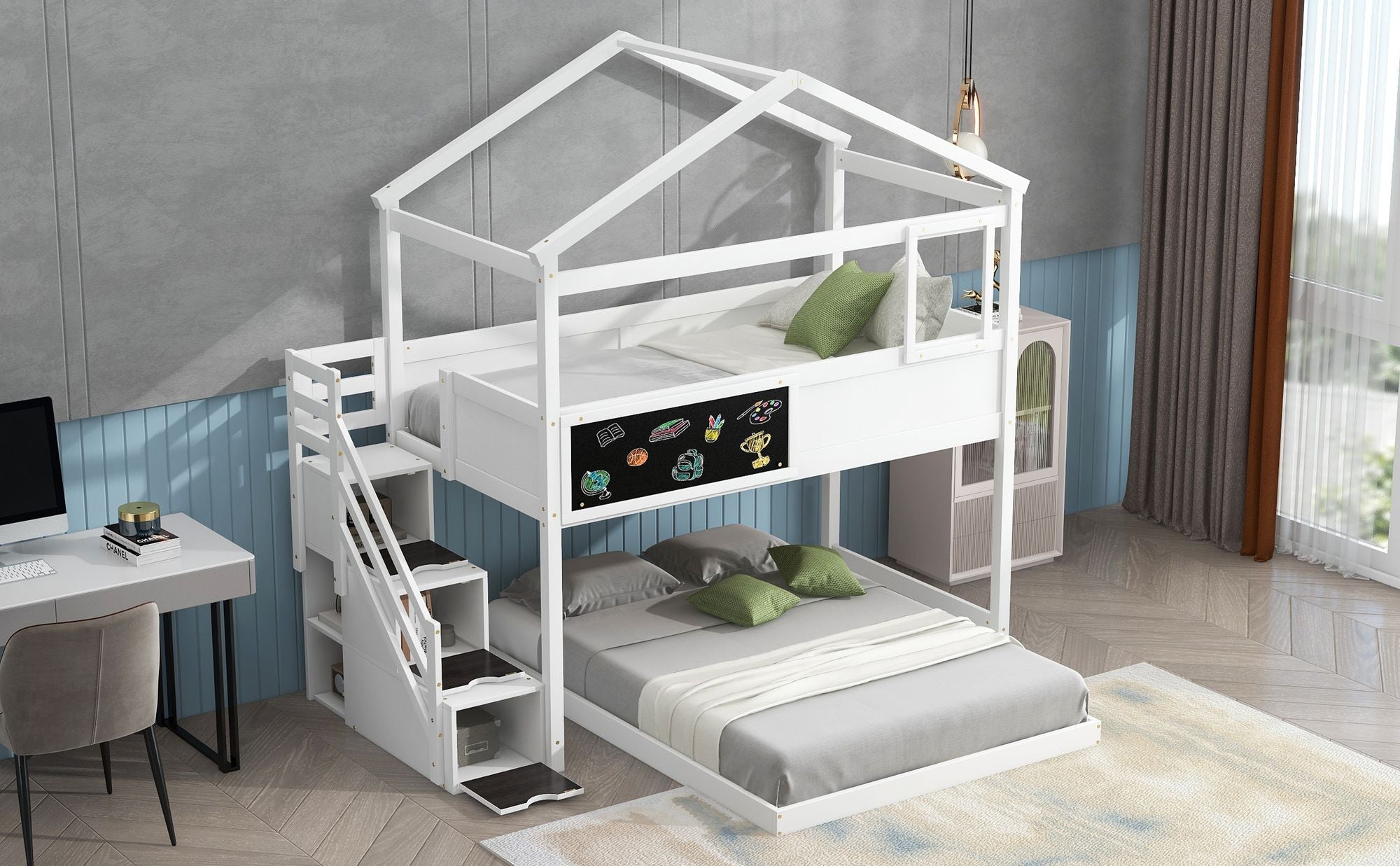 Creative Twin over Full Wood Bunk Bed with Storage Staircase and Blackboard, Gray and White | Just Better Bunk Beds - Side View