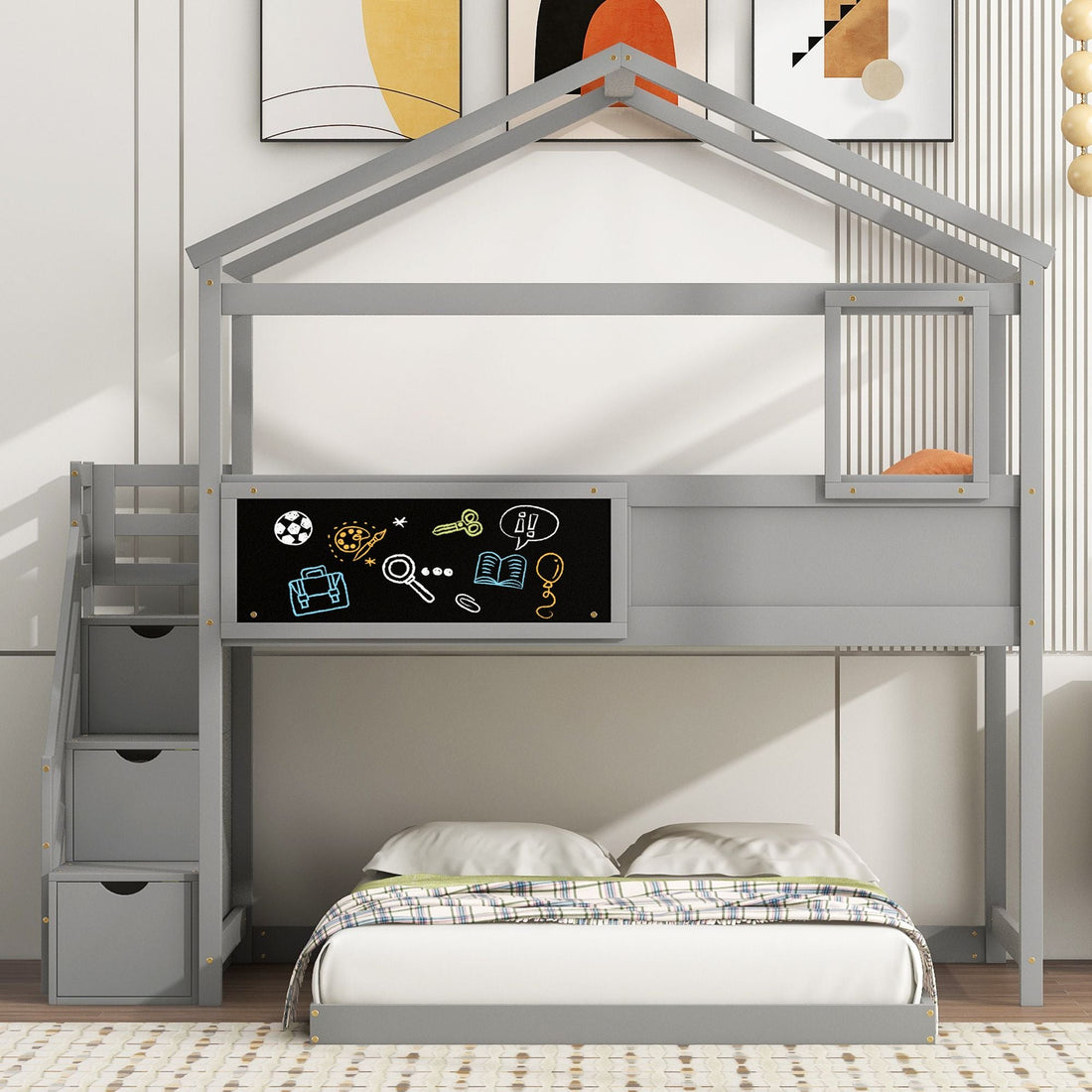Creative Twin over Full Wood Bunk Bed with Storage Staircase and Blackboard, Gray and White | Just Better Bunk Beds - View 25