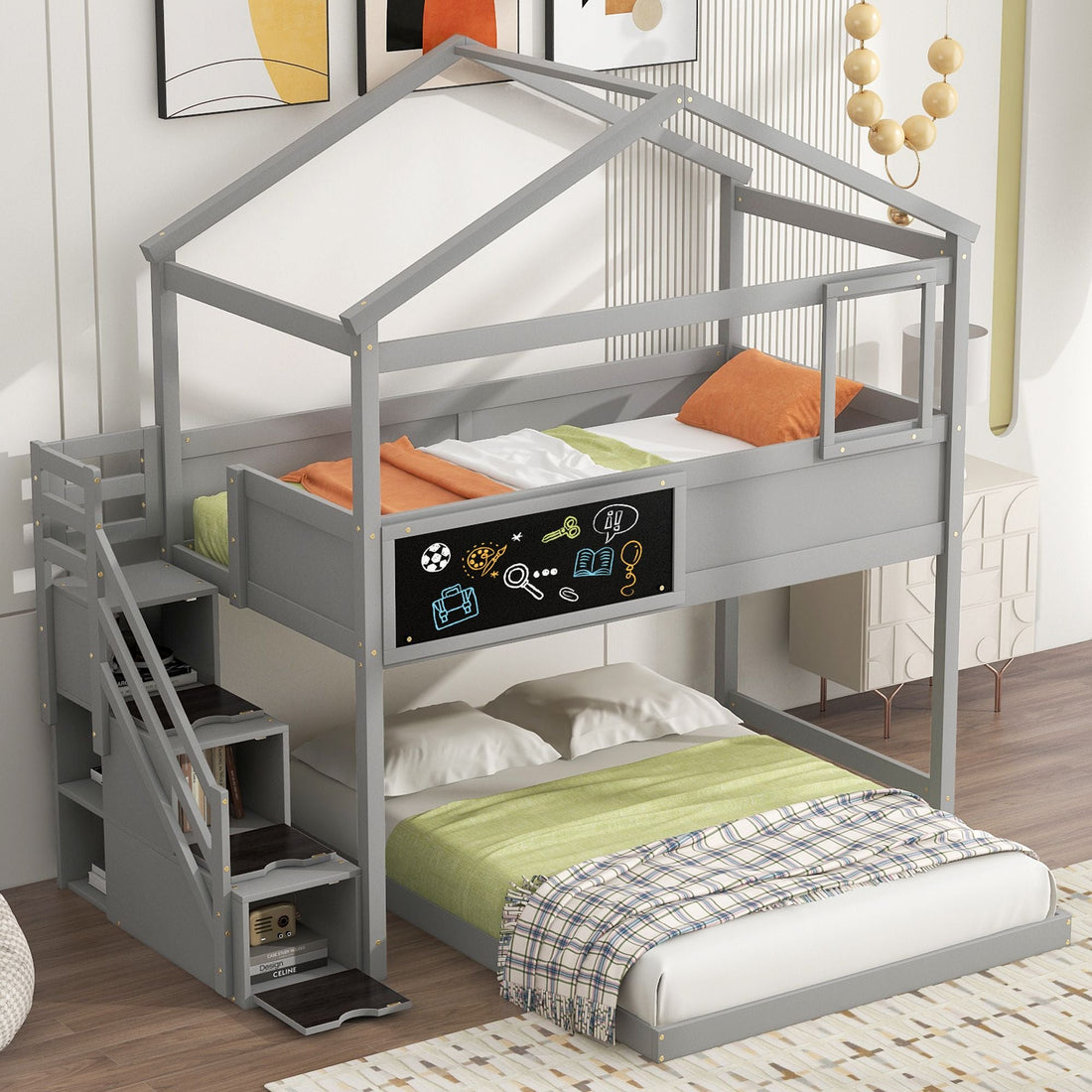Creative Twin over Full Wood Bunk Bed with Storage Staircase and Blackboard, Gray and White | Just Better Bunk Beds - View 21