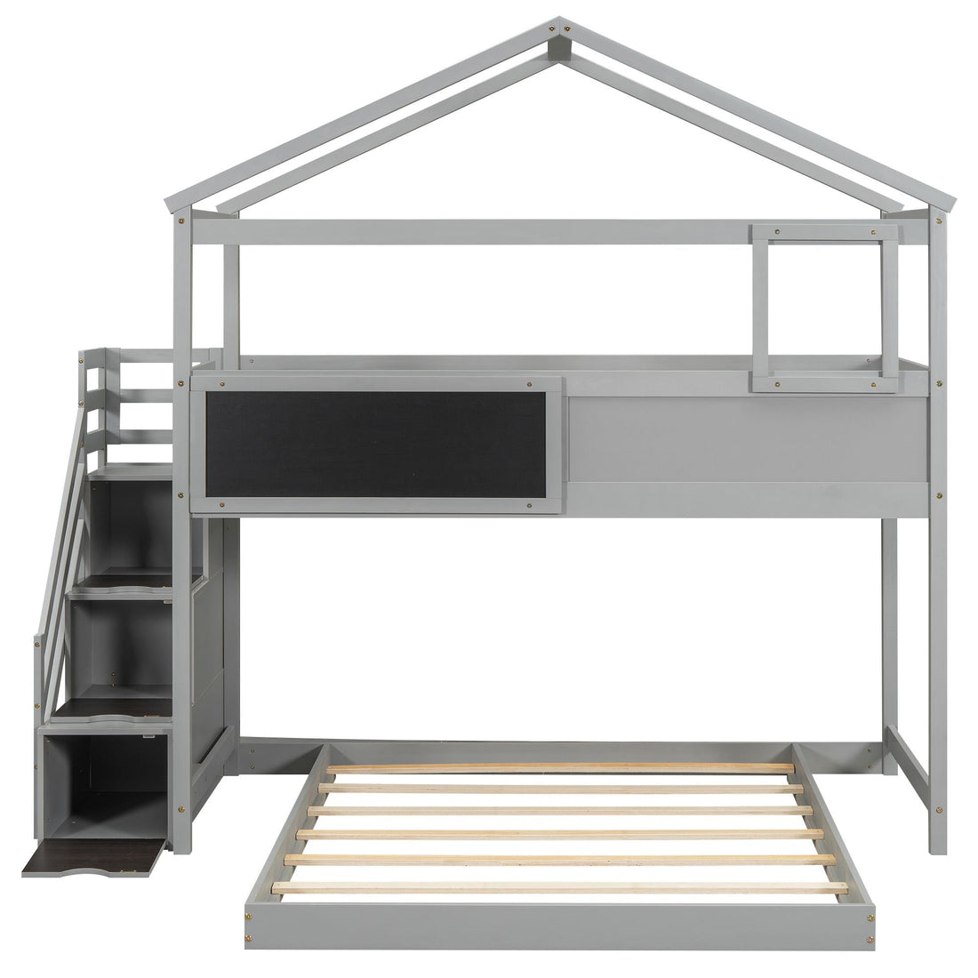 Creative Twin over Full Wood Bunk Bed with Storage Staircase and Blackboard, Gray and White | Just Better Bunk Beds - View 30
