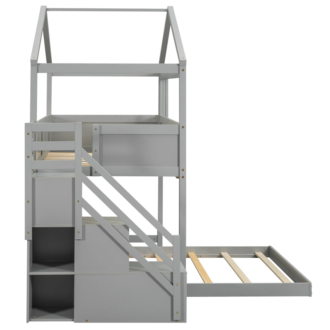 Creative Twin over Full Wood Bunk Bed with Storage Staircase and Blackboard, Gray and White | Just Better Bunk Beds - View 36